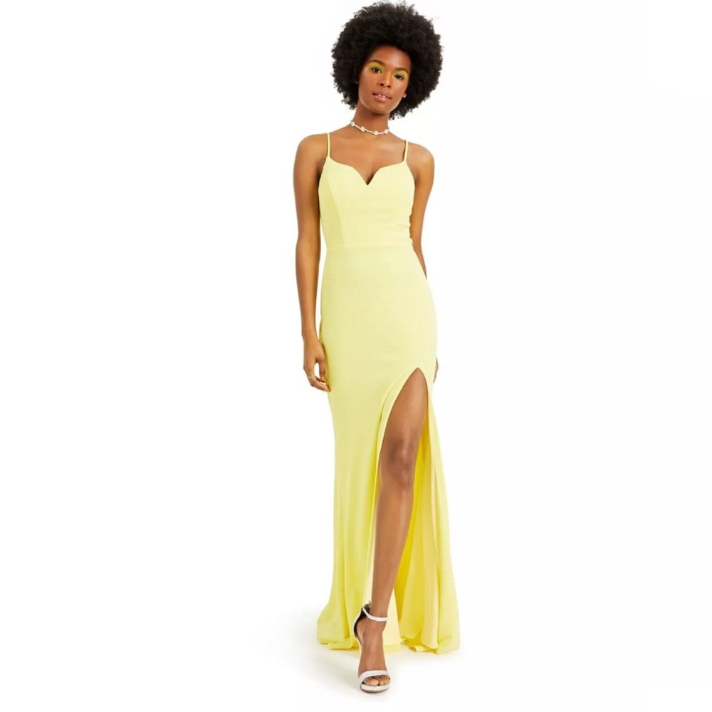CITY STUDIO Women Sz 1 Yellow Glitter Slitted Spaghetti Strap BodyCon Prom Dress